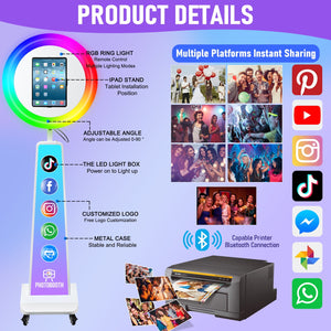 New Portable Photo Booth for IPad 10.2" 10.9" 11" 12.9" Selfie Stand Customized Logo Photobooth with RGB LED Ring Ligh for Halloween Christmas Wedding Party Events （White）