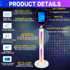 13.3 In Portable Touch Mirror Photo Booth Built-in Mini PC & Camera Photo Booth with Round Ring Light and Trolley Flight Case for Events Wedding Rental Business