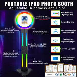 HITUGU Portable Photo Booth for 10.2'' iPad,RGB Ring Light,Music Sync RGB Light Box,Bluetooth App and Remote Control,Metal Shell Selfie photobooth Machine,for Parties,Christmas,Wedding,Rental Business